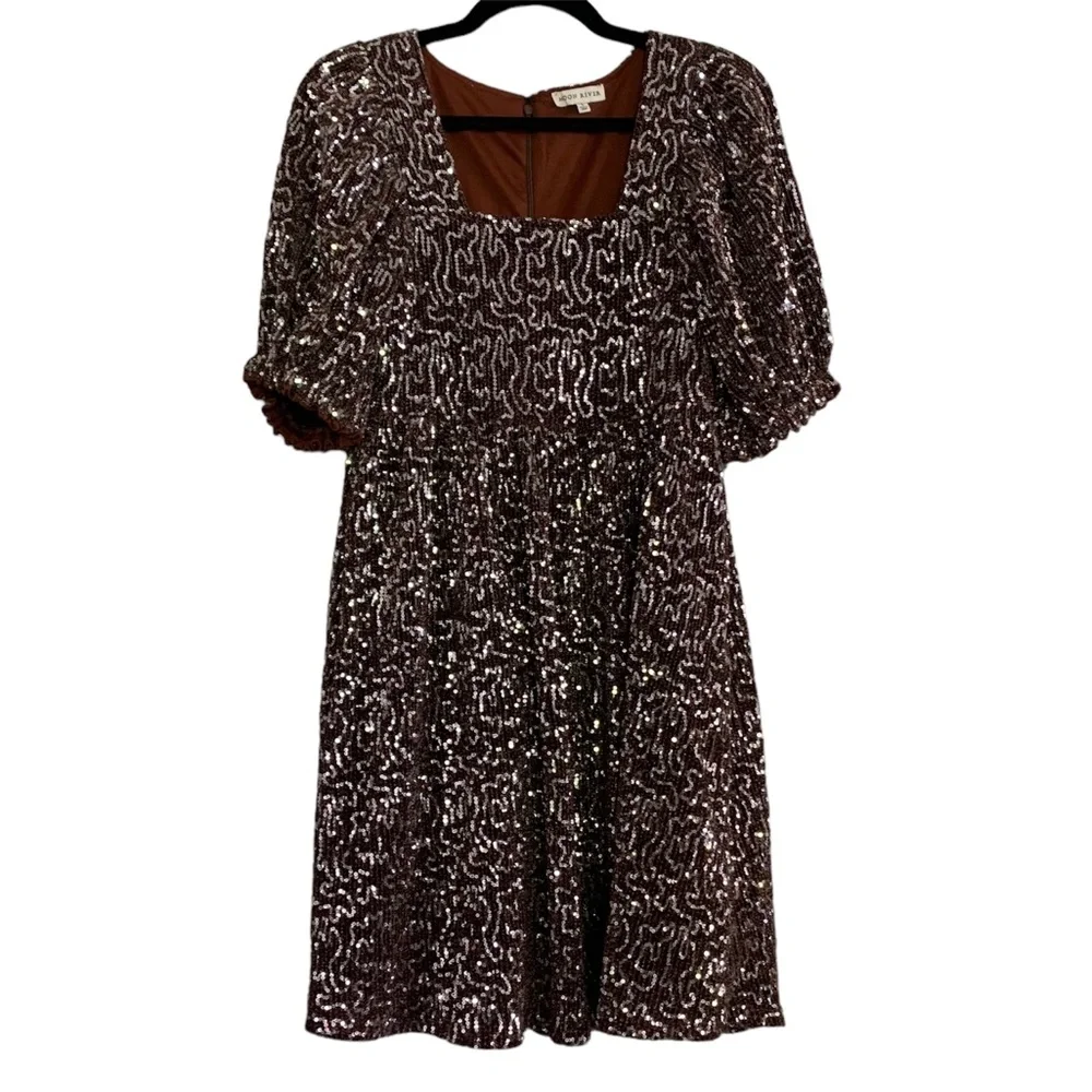 Anthropologie Moon River Women’s Sequin Babydoll‎ Mini Dress Brown Silver Sz S